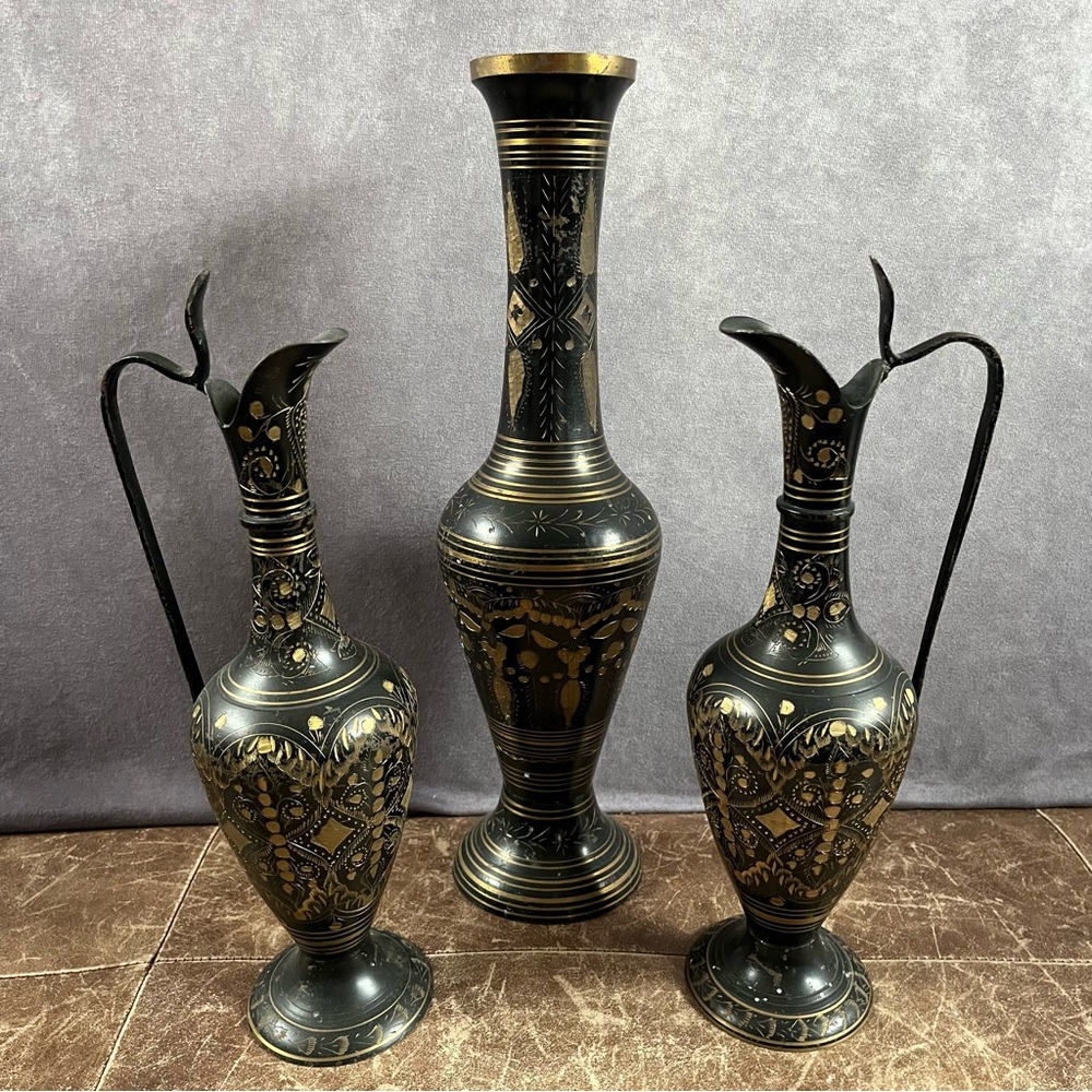 Ornate Vintage Etched Black Gold Brass Enameled Vases Set of 3 From India Boho